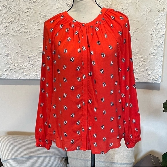 Boden Paris Blouse in Red with Ballet Flats Shoe Print Long Sleeve sz US 6 UK 10 - Picture 2 of 9